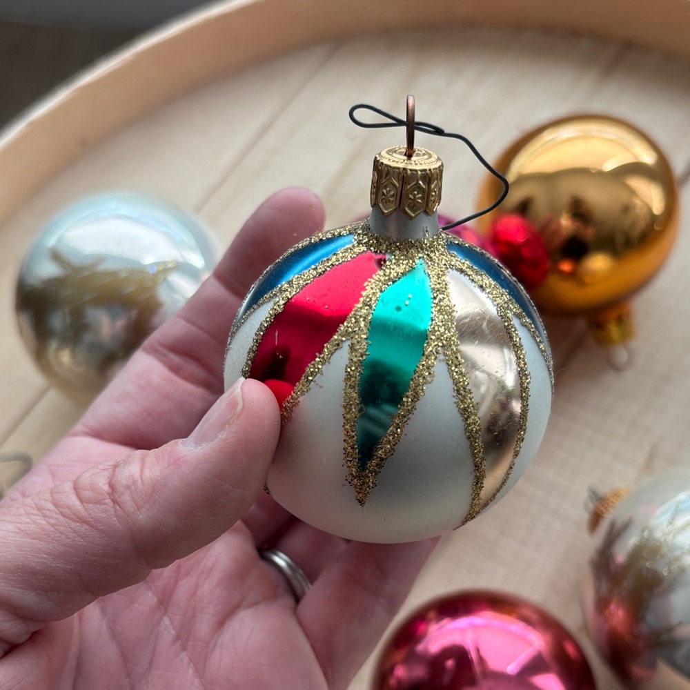 Vintage Holiday Glass Ball Ornament Set - Gold, Pink, Green, Silver Metal Caps - Picture 6 of 12